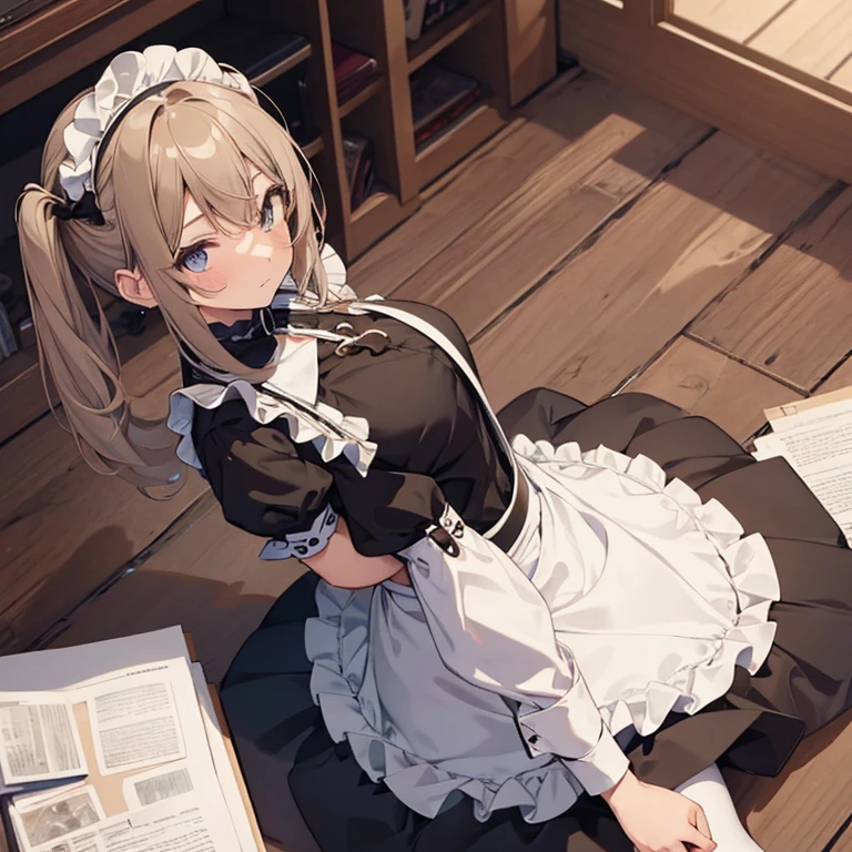 girl, master piece, best quality, ultra-detailed, game room, from above, hands-on lap, maid, brown pigtails, enraptured expression, admiring, rolling eyes, piercing