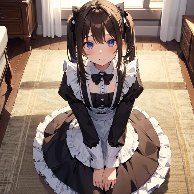 girl, master piece, best quality, ultra-detailed, game room, from above, hands-on lap, maid, brown pigtails, enraptured expression, admiring, rolling eyes, piercing
