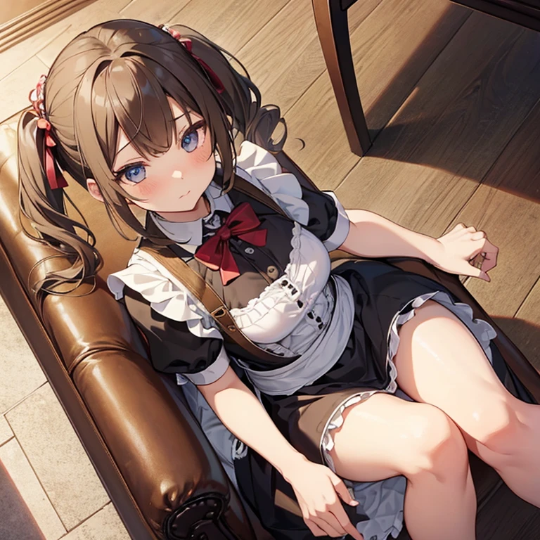 girl, master piece, best quality, ultra-detailed, game room, from above, hands-on lap, maid, brown pigtails, enraptured expression, admiring, rolling eyes, piercing