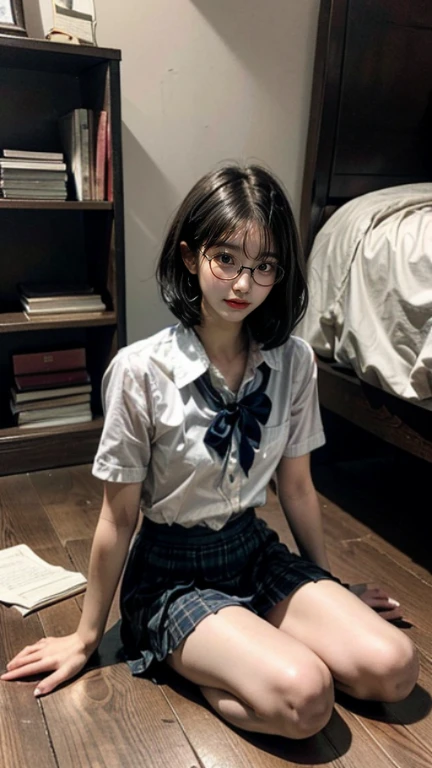 masterpiece、highest quality、High quality images、High resolution、In 8K、1 female、Photoreal、detailed、detailedな目の描写、skin luster、shiny hair、((Black short-haired、More disheveled hair、I'm wearing round glasses、Emotional manifestation:1.3))、dim room、Narrow old room、many bookshelves、Books piled on the floor、Pile of used books、Sitting on the floor and reading a book、Shy and quiet girl、Japan girls at 16 years old、Barefoot Girl、obedient character、Not very confident、real face、Care、Good posture、school uniform、pleated skirt、plaid skirt、movie lighting