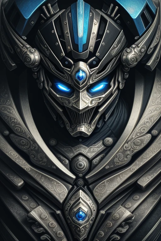 a close up symmetrical portrait of a cyberpunk gangster, biomechanical, mshn robot, splashes of blue white, hyper realistic, intricate design, (insanely detailed:1.4), (extremely fine details:1.35), Extremely sharp lines, steel, cinematic lighting, Photorealistic, a detailed painting by Ayami Kojima and Lilia Alvarado, (best quality, high quality, absurdres, intricate detail, masterpiece, cinematic), highly detailed, motion blur, film grain, noise, lens effects,