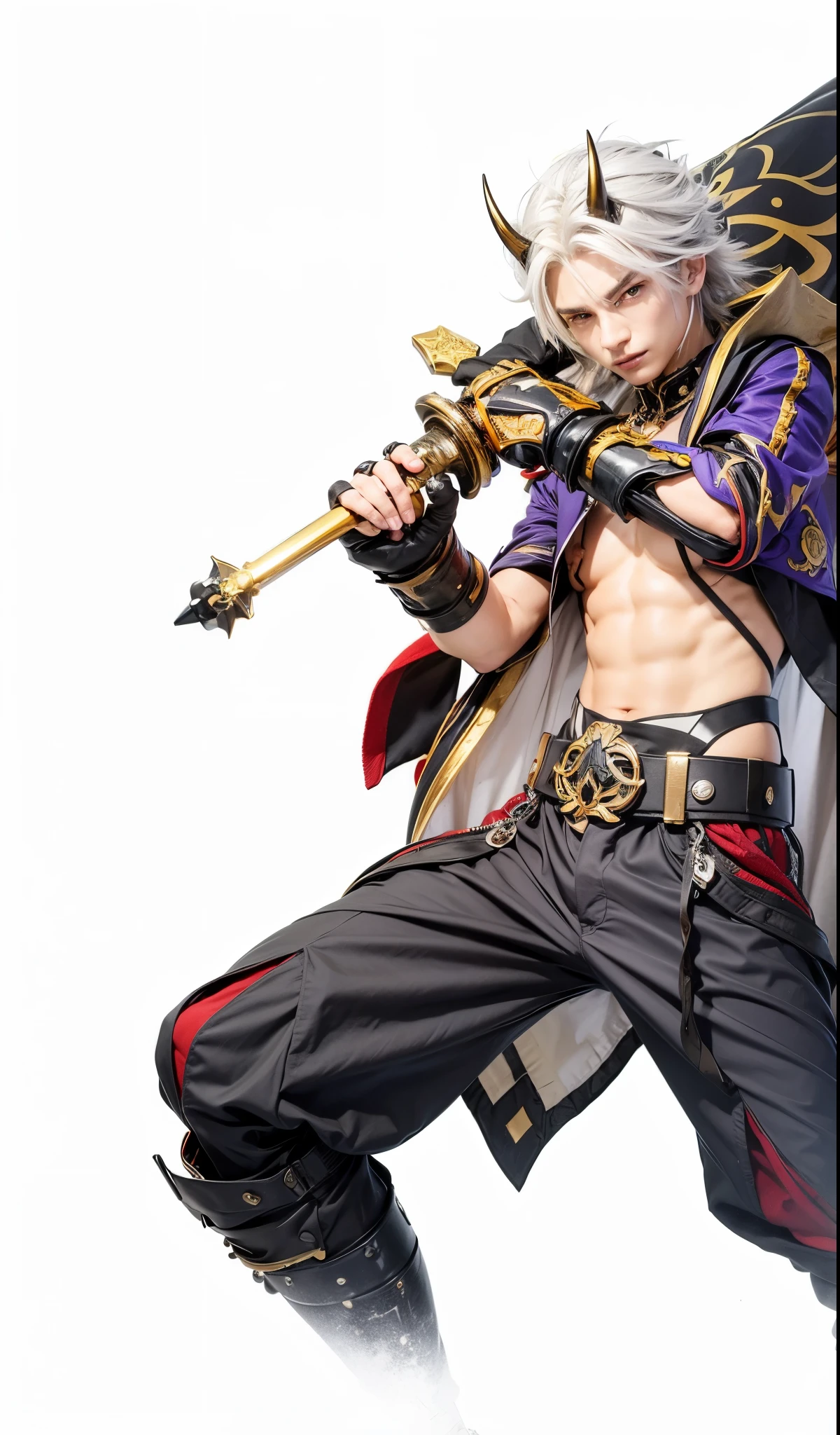 Arataki itto, genshin impact, inazuma, male, silver hair with horn, red eyes, purple top, black hand decker with silver spikes, black trouser, black sword with gold hilt, white cape