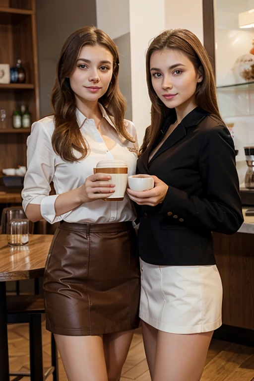 Two very beautiful and sweet Russian girls in professional clothes are happily drinking coffee and posing in the cafe, ultra realistic and 8k