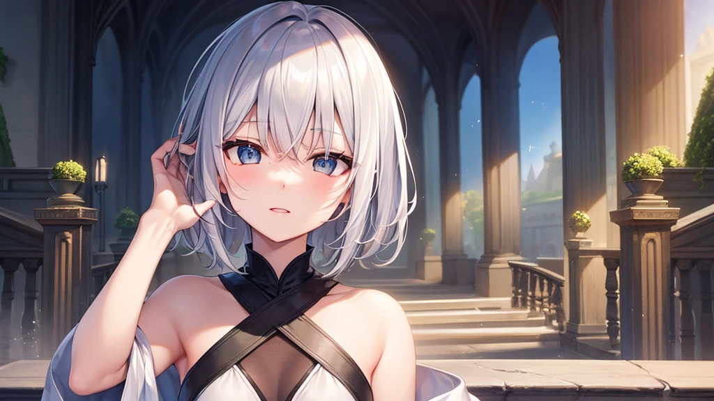 super high quality, with a girl, 20-year-old, very short hair, long bangs between the eyes, gray eyes , blue sky, sunlight, very detailed,(masterpiece、highest quality)、alone、gray hair、fantasy, silver hair, black eye, beautiful eyes,, ecstasy, charm, be smitten with audience, fantasyな風景、flower garden、white clothes、Princess、kiss face