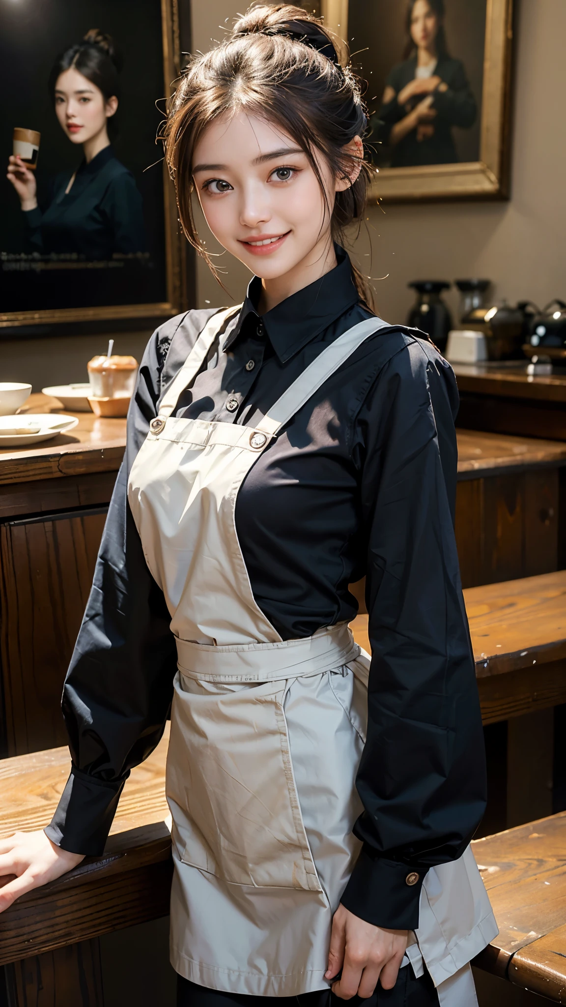 highest quality, masterpiece, ultra high resolution, (realistic:1.4), (close portrait) Raw photo, 1 girl, 22 years old,(((fashionable cafe))),((long hair chignon)),(Black collared shirt and black pants),((waist apron)),masterpiece, realistic pictures, japanese pictures, fuji negative film, saturation, contrast, Pocari Sweat Advertisement ((small breasts)),((smiling showing teeth)),,brown hair,
