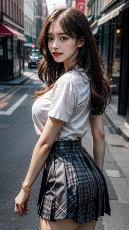 masterpiece, best quality, illustration, Super detailed, fine details, High resolution, 8K,wall paper, perfect dynamic composition,(Details High quality, realistic depiction of eyes:1.3), from side, High School Classroom、High school girl uniform、blazer 、Super Short Check Uniform Skirt、Navy blue high socks、garterbelts、Colossal tits、Disturbed uniform, short hair, (wavy hair:1.2), black hair color, huge breasts, Big Natural Color Lip, bold sexy pose, (perfect body shape), crying a little、Harajuku style、20 year old girl、cute type, beautiful legs, hposing Gravure Idol, Voluptuous thighs