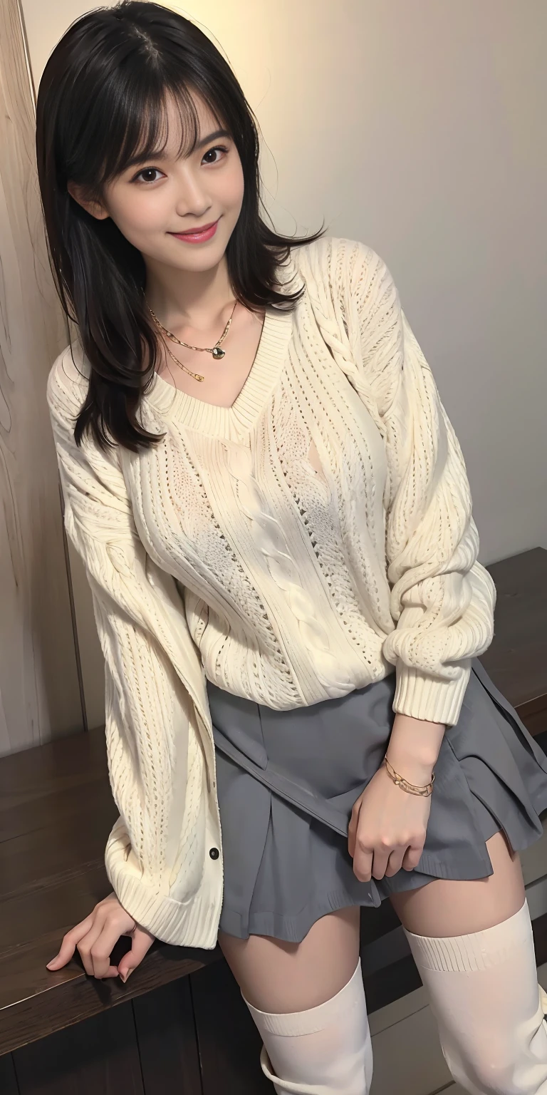 Super high quality, super high definition, super detailed, masterpiece, 25 years old, female, cute, nice body, white knit sweater, winter clothes, long skirt, necklace, bracelet, knee-high socks, boots, double eyelids, tear bags, fingers. Detailed, photo-like description, indoors, dim indoor lighting, black hair, short bob, standing, whole body, composition that shows the whole body, smiling