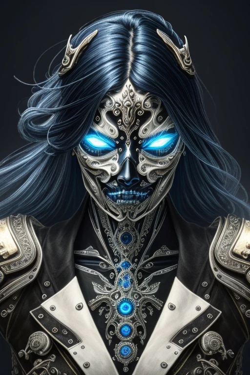 a close up symmetrical portrait of a cyberpunk gangster, biomechanical, mshn robot, splashes of blue white, hyper realistic, intricate design, (insanely detailed:1.4), (extremely fine details:1.35), Extremely sharp lines, steel, cinematic lighting, Photorealistic, a detailed painting by Ayami Kojima and Lilia Alvarado, (best quality, high quality, absurdres, intricate detail, masterpiece, cinematic), highly detailed, motion blur, film grain, noise, lens effects,