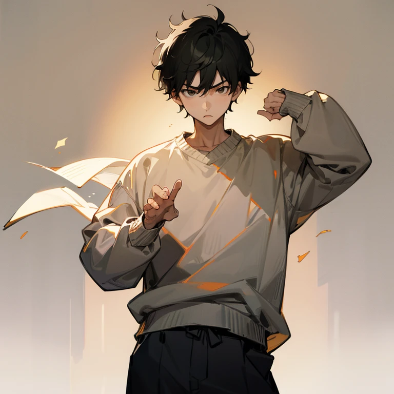 Ko Mabuchi, sweater, Are standing,1 boy,cool pose,Sober background,Glaring expression