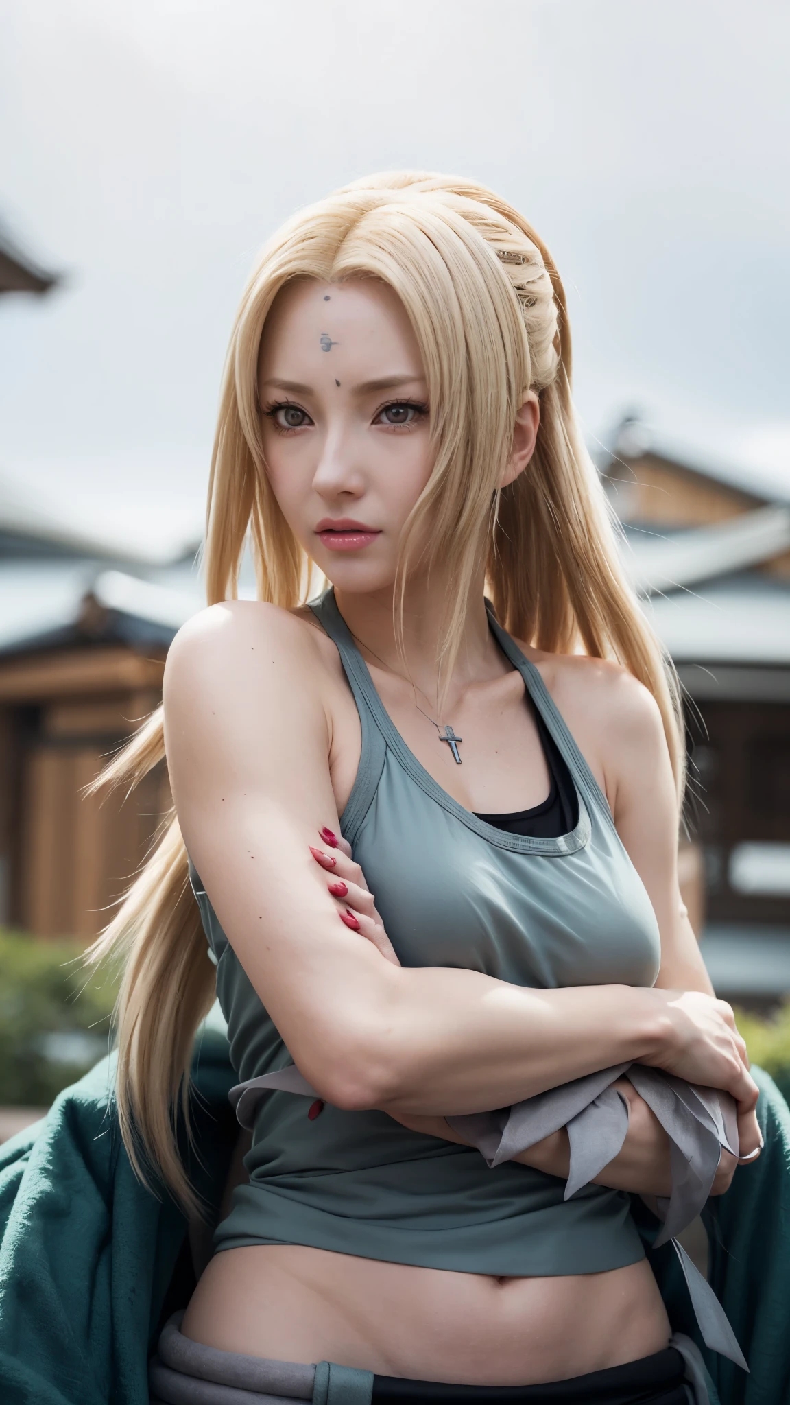 a close up of a woman with long blonde hair and a gray top, tsunade from naruto, from naruto, haruno sakura, as an anime character, inspired by INO, princess 'kida' kidagakash, female anime character, sakura haruno, in anime style, in an anime style, hinata hyuga