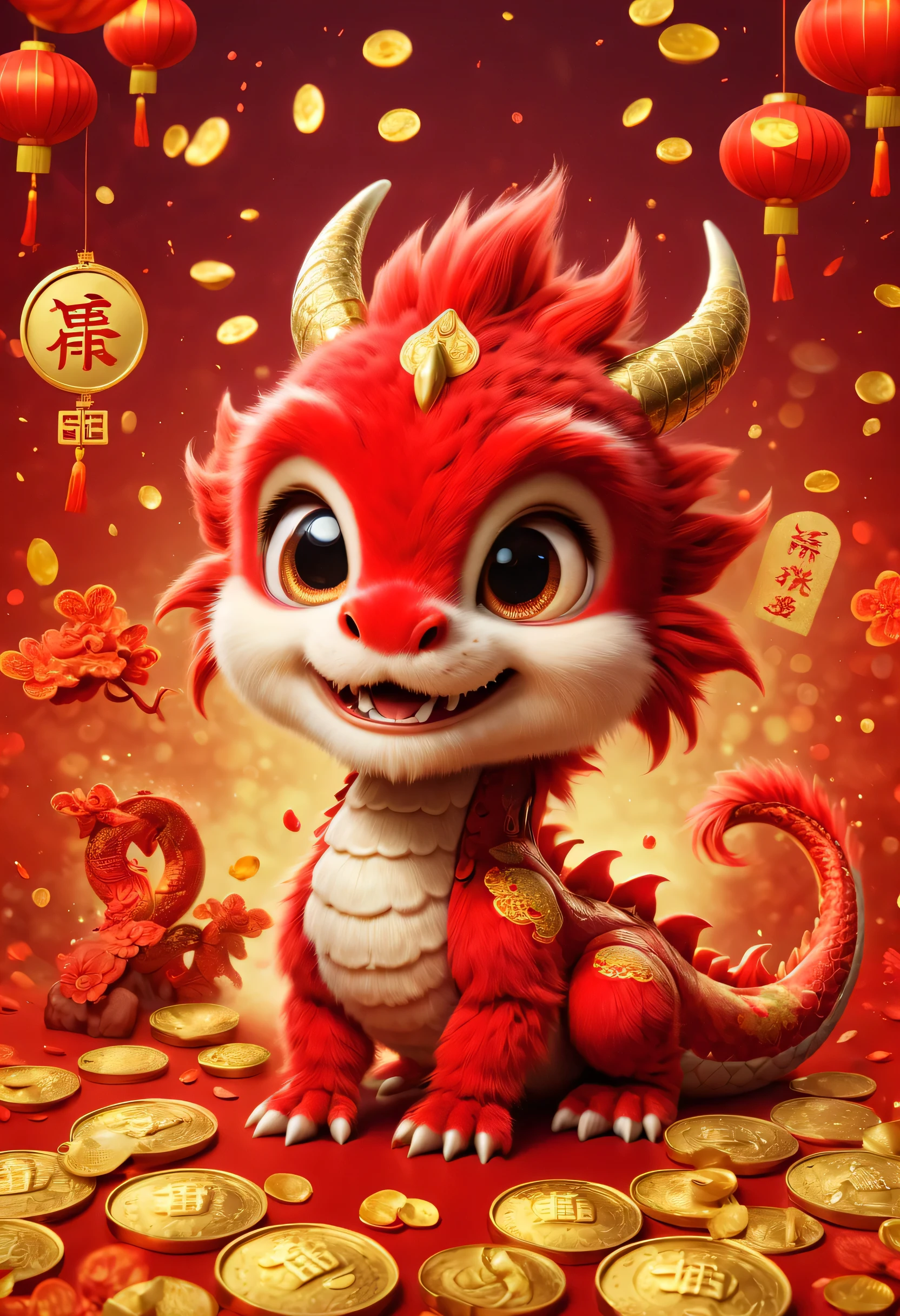 poster design:Chinese New Year is here,Cute little Chinese dragon is so happy,hairy,stupid,Cute and cute,Wow……(空中有许多gold coins,gold coins,Many small red envelopes,)fireworks,red background blur,