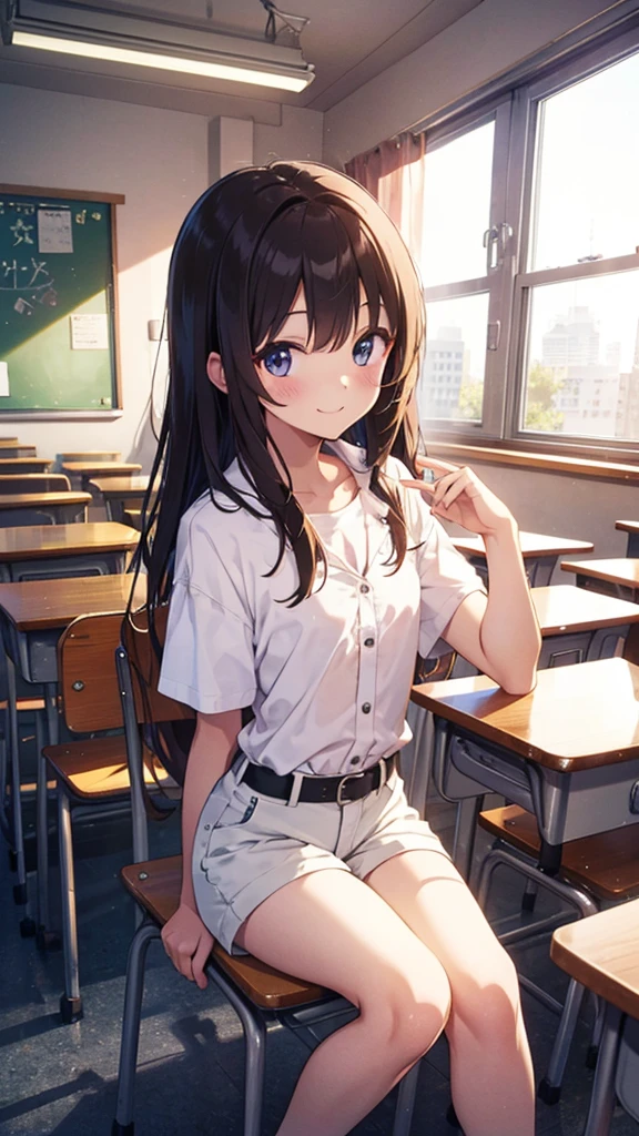 20 years old、flat chest、Height 165 cm、Long brown hair、Black short sleeves、White shorts、White coat、classroom、Sit in a chair、Turn around and look at the camera、shy、Smile