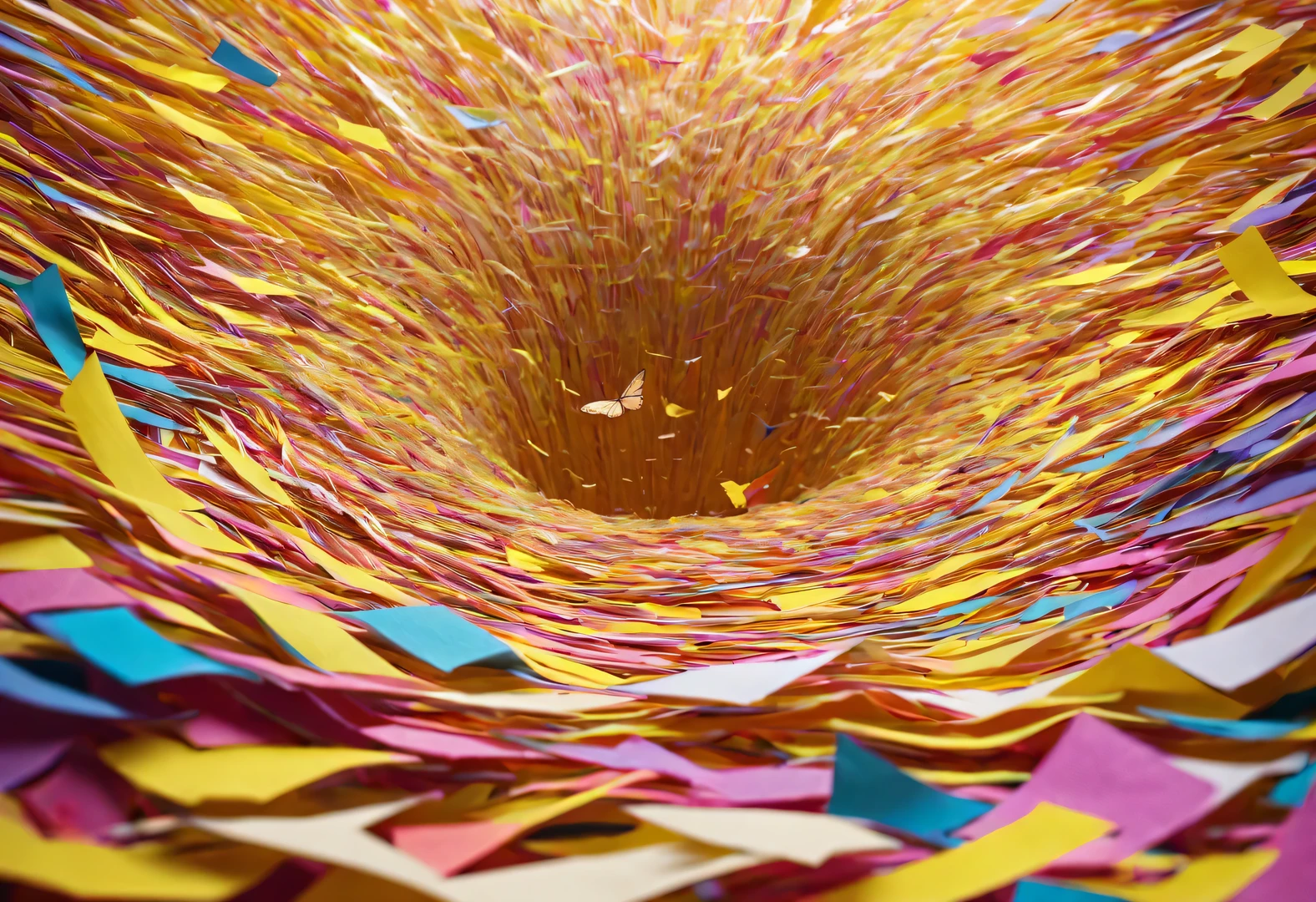 Colorful shredded paper resembles a butterfly spinning wildly in a vortex, sucked into a huge golden hole, fantasy,360-degree shooting