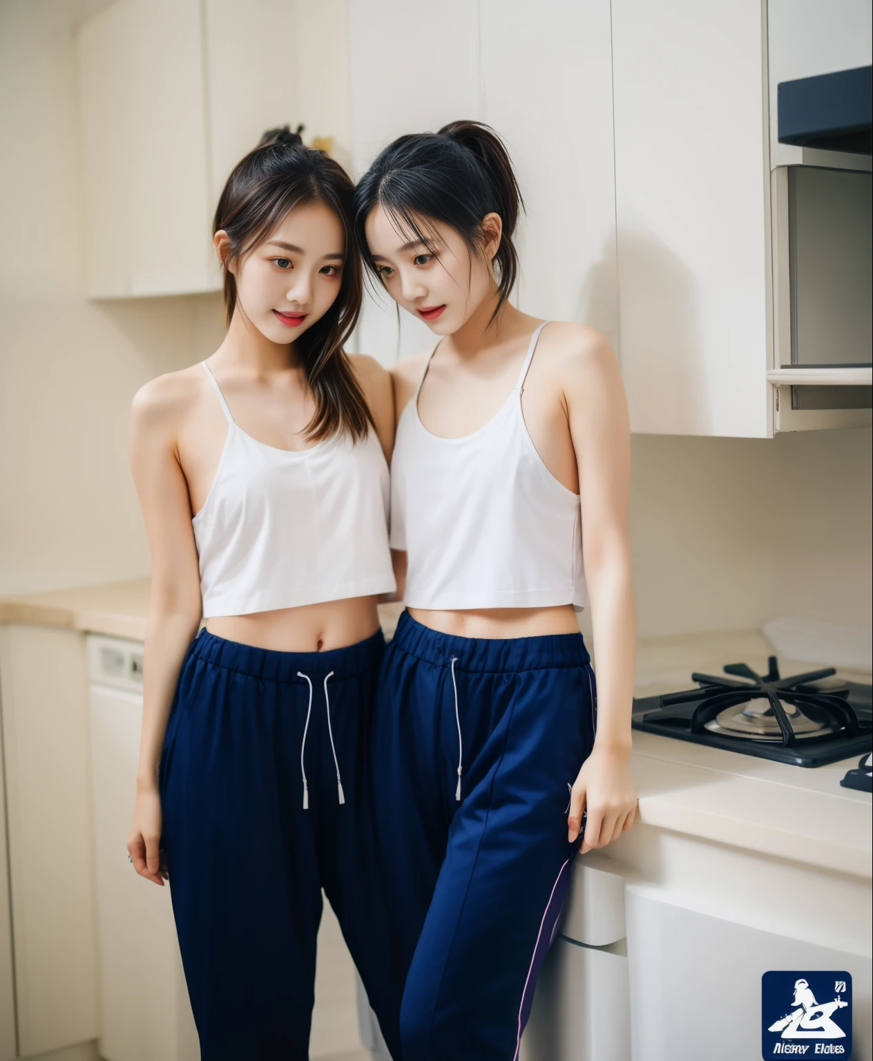 2 girls in the kitchen, bra ,Navy Long Trackpant,Sweatpants, Sweatpantsขายาว,25 year old girl, lesbian, sexy, exercise clothes, wet body