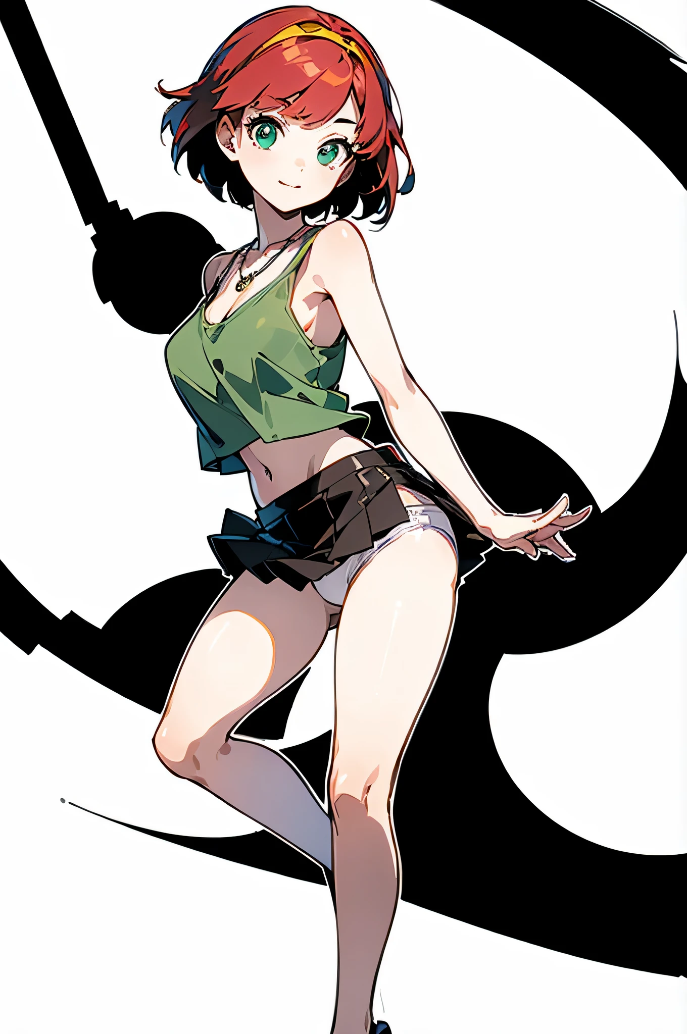((masterpiece)), ((highest quality)), (Super detailed), ((very detailed)), 4K, (8K), highest quality, (beautiful), anime style, 1 girl, alone, ((Super detailed eyes)), necklace, smile, short bob hair, redhead, sunburn, ((green short tank top, black super short skirt, white panties)), gap between crotches, (the contours are clear), (standing up straight), (Low - Angle), (alone:2), (full body portrait:1.4), (Blank white background:2), (the contours are clear:1.6), (Seen from the front:1.3)