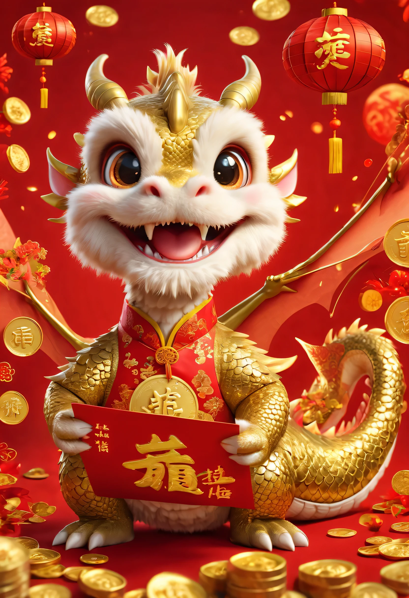 poster design:Chinese New Year is here,Cute little Chinese dragon is so happy,hairy,stupid,Cute and cute,Wow……(空中有许多gold coins,gold coins,Many small red envelopes,)fireworks,red background blur,