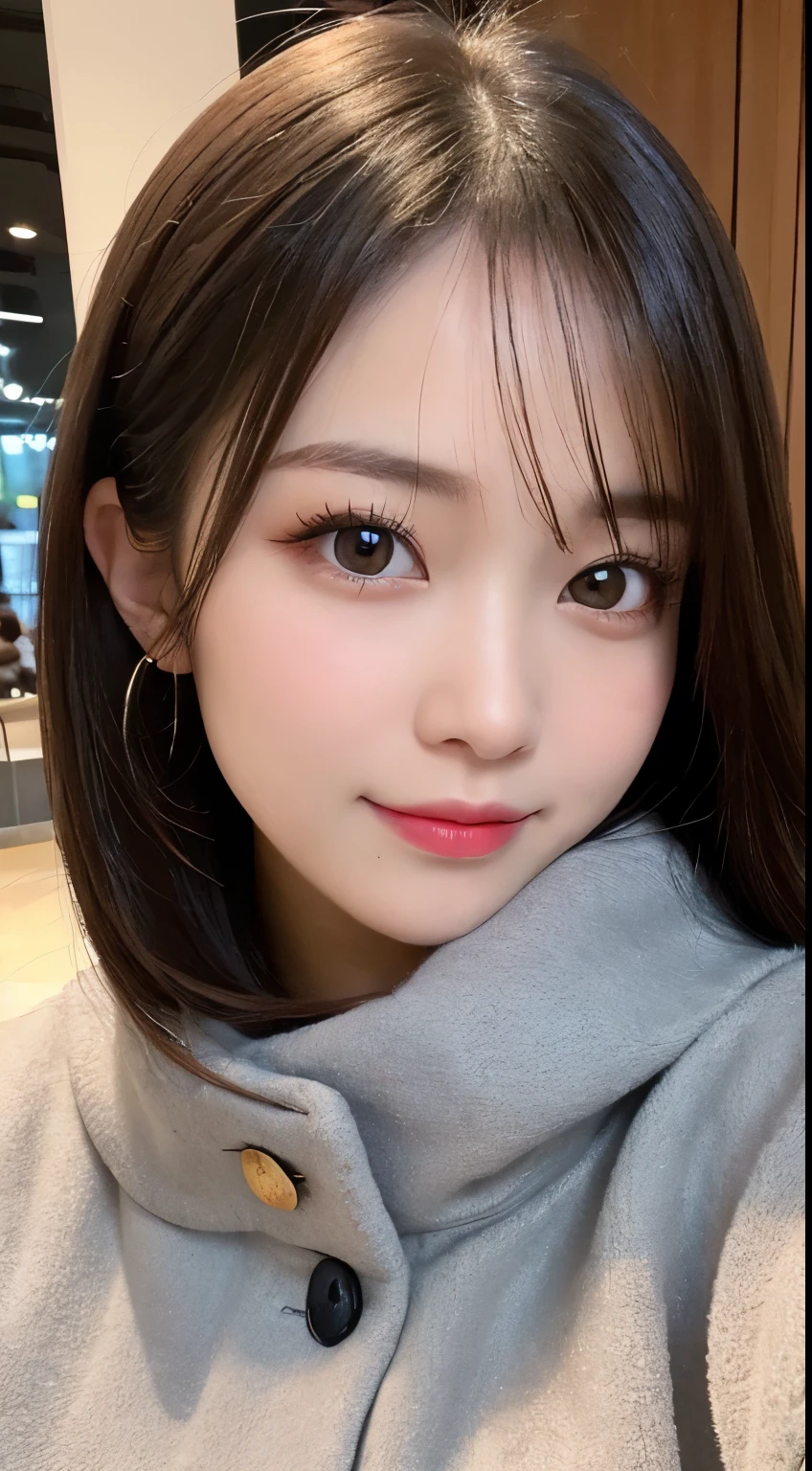 table top, highest quality, shape, Super detailed, finely, High resolution, 8k wallpaper, 完璧なダイナミックな構shape, beautiful and detailed eyes, Gorgeous and stylish black fluffy latest trend Tokyo winter clothes,ランダムなcute髪,small breasts,natural color lip, bold sexy pose,smile、20 year old girl、cute、sexy shot looking at camera,Always blur the background,perfect and beautiful face,Take only the face,beautiful and detailed face、slim face and style,Big eyes、Do gal makeup,real photos、luxury brand mink coat