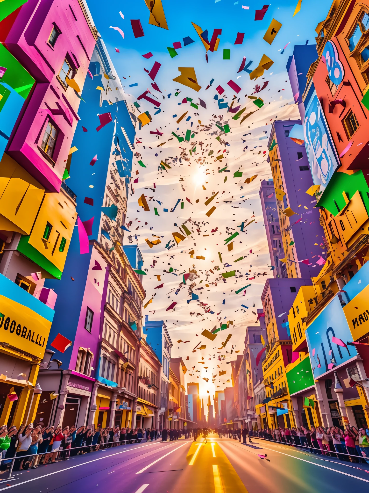 (highest quality、4k、8k、High resolution、masterpiece: 1.2)、Super detailed、(real、photorealistic、photorealistic: 1.37)、A large number of leaflets are scattered from the sky on the main street between the buildings.:1.9, show explosive spread, Large amount of confetti:1.9, Raining flyers, A whimsical paper shape floating in the air, ((Raising hands of joy, rejoicing crowd:1.2)), Bright colors, playful lighting,
