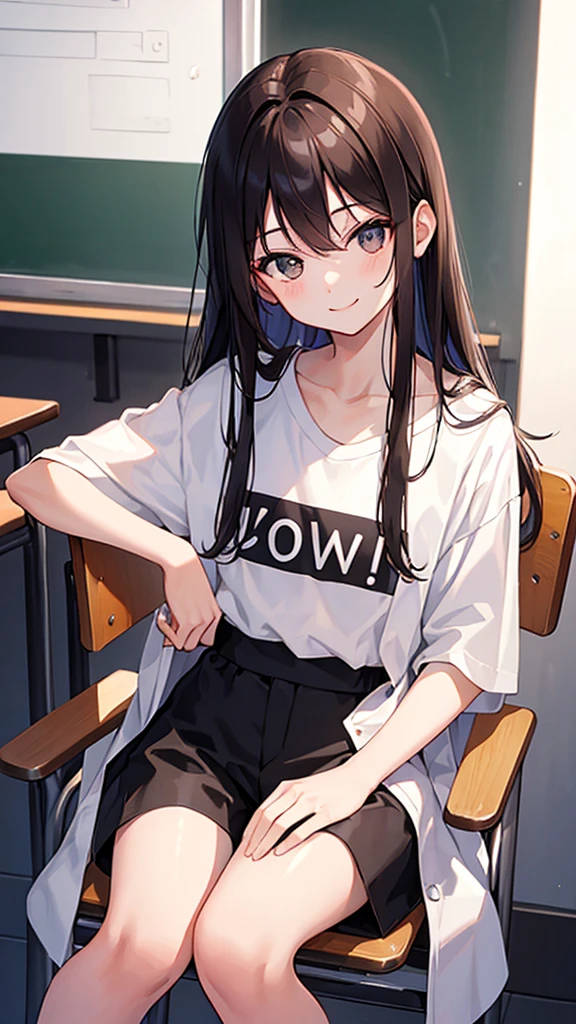 20 years old、flat chest、Height 165 cm、Long brown hair、Black short sleeves、White shorts、White coat、classroom、Sit in a chair、Turn around and look at the camera、shy、Smile