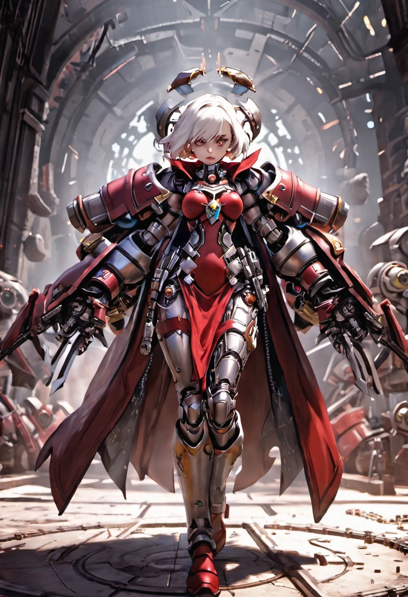 female warrior, adepta sororitas, (best quality:1.6), (bob haircut, white hair), red cape, (warhammer 40k art:1.4), (futuristic power armor:1.2), walking, (background: spacious spaceship hangar, steampunk machinery), (best quality:1.6),beautiful face, (best quality, masterpiece, award winning:1.4),(best quality:1.6), (octane render, depth of field, vivid colours:1.4), empty hands, (octane render, depth of field:1.7)
