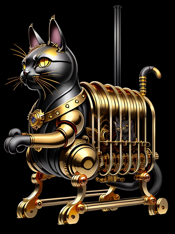 Steampunk Monster School Bus、side view、brass、steel、((gold color steel))、Great photos of pipes、Black gradient background、((Cat,cat))、real