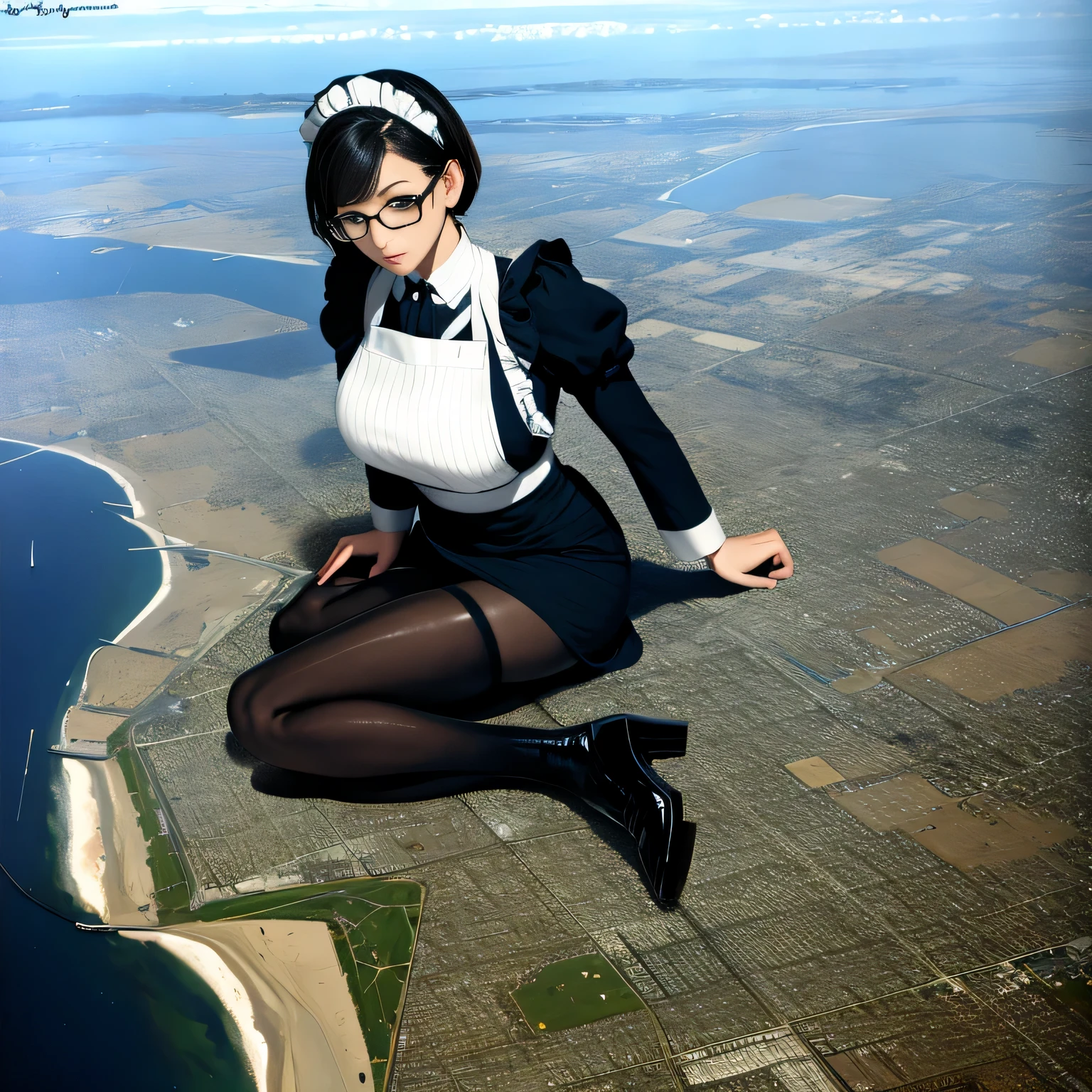 multiple girls, Giantの芸術, 非常に詳細なGiantショット, Giant, short hair, A maid that is much bigger than a skyscraper, wearing rimless glasses, big breasts, big ass, navy maid uniform, black pantyhose, black shoes, very small metropolis, miniature metropolis, crush the big city, A city engulfed in flames, full body description, ＧＴＳ, ギガGiant, Stomping City, crash city, Small town, micro city, maid, 