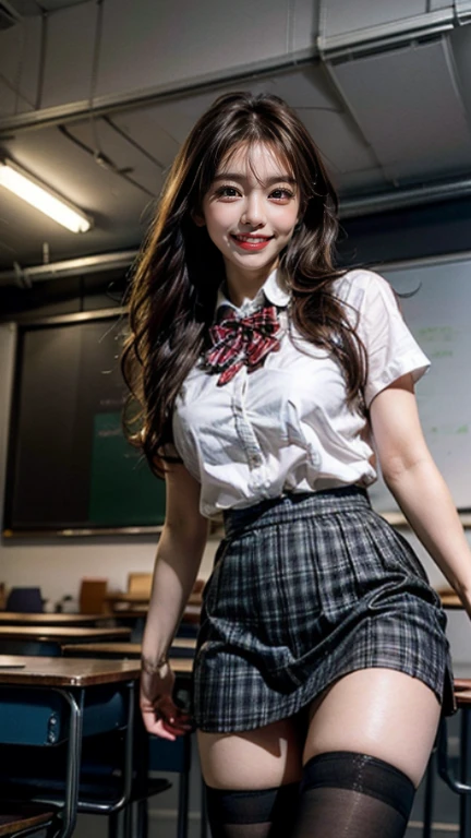 ((8Kmasterpiece,highest quality)), ultra high resolution, (masterpiece: 1.4), hyper detail, (((1 girl))),cute,perfect anatomy, beautiful face, beautiful and delicate eyes,((red eyes)),Big eyes,shining eyes of light,Thin and long eyelashes,detailed light,((brown hair)),((long hair)),Ahoge,big breasts,((very large thighs)),school uniform,hair clip,plaid blitz short skirt,white knee high socks,light pink panties, Panty Pose, panty shot, ,(grinning smile),((blush)),((please open your mouth wide)),(classroom),((angle from below)),looking at the viewer,evening,Beautiful sunshine,Nice views, rainbow in the sky, particles of light, sunbeam,gust of wind,sense of speed,dutch angle,Depth of written boundary