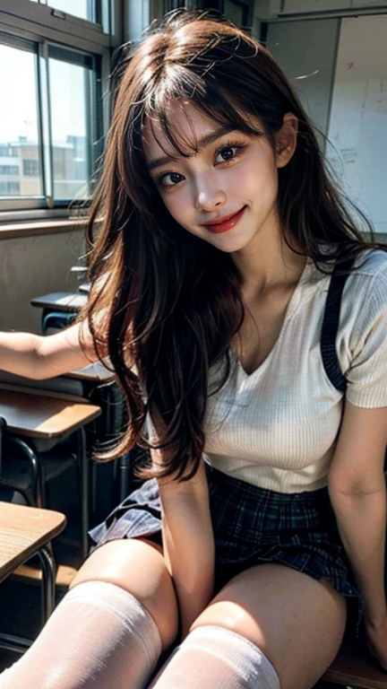((8Kmasterpiece,highest quality)), ultra high resolution, (masterpiece: 1.4), hyper detail, (((1 girl))),cute,perfect anatomy, beautiful face, beautiful and delicate eyes,((red eyes)),Big eyes,shining eyes of light,Thin and long eyelashes,detailed light,((brown hair)),((long hair)),Ahoge,big breasts,((very large thighs)),school uniform,hair clip,plaid blitz short skirt,white knee high socks,light pink panties, Panty Pose, panty shot, ,(grinning smile),((blush)),((please open your mouth wide)),(classroom),((angle from below)),looking at the viewer,evening,Beautiful sunshine,Nice views, rainbow in the sky, particles of light, sunbeam,gust of wind,sense of speed,dutch angle,Depth of written boundary