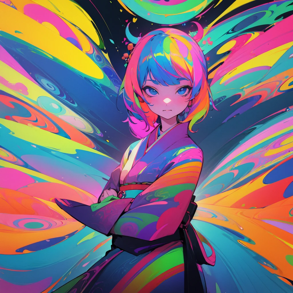 (1 girl:1.3)、wearing Colorful kimono、(psychedelic art:1.5), 