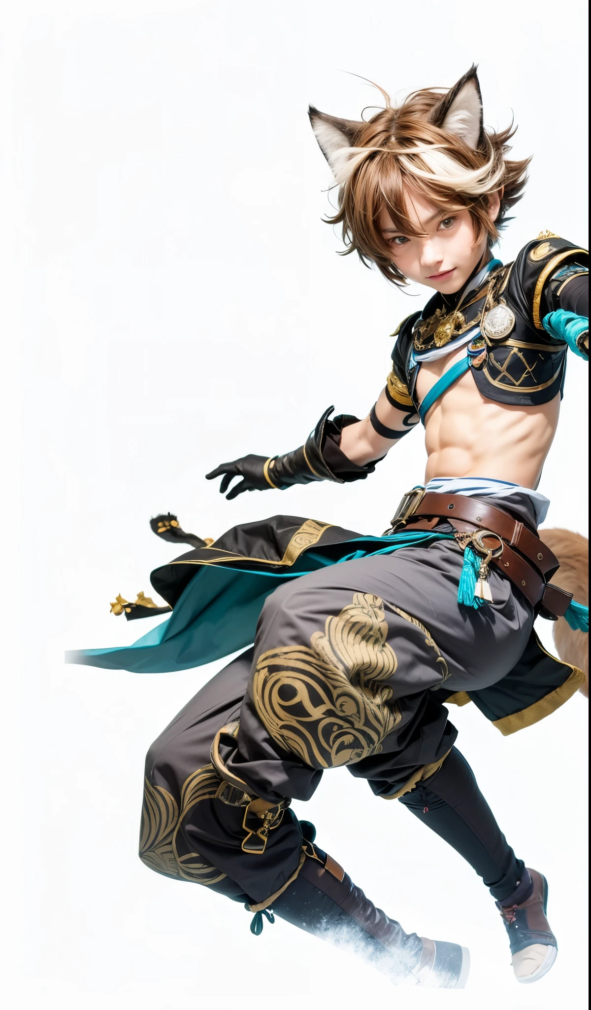Gorou, genshin impact, inazuma, male, teenage, brown hair, cat ear, blue eyes, black cyan top, black hand decker, gray trouser, cyan shawl, confidence smile
