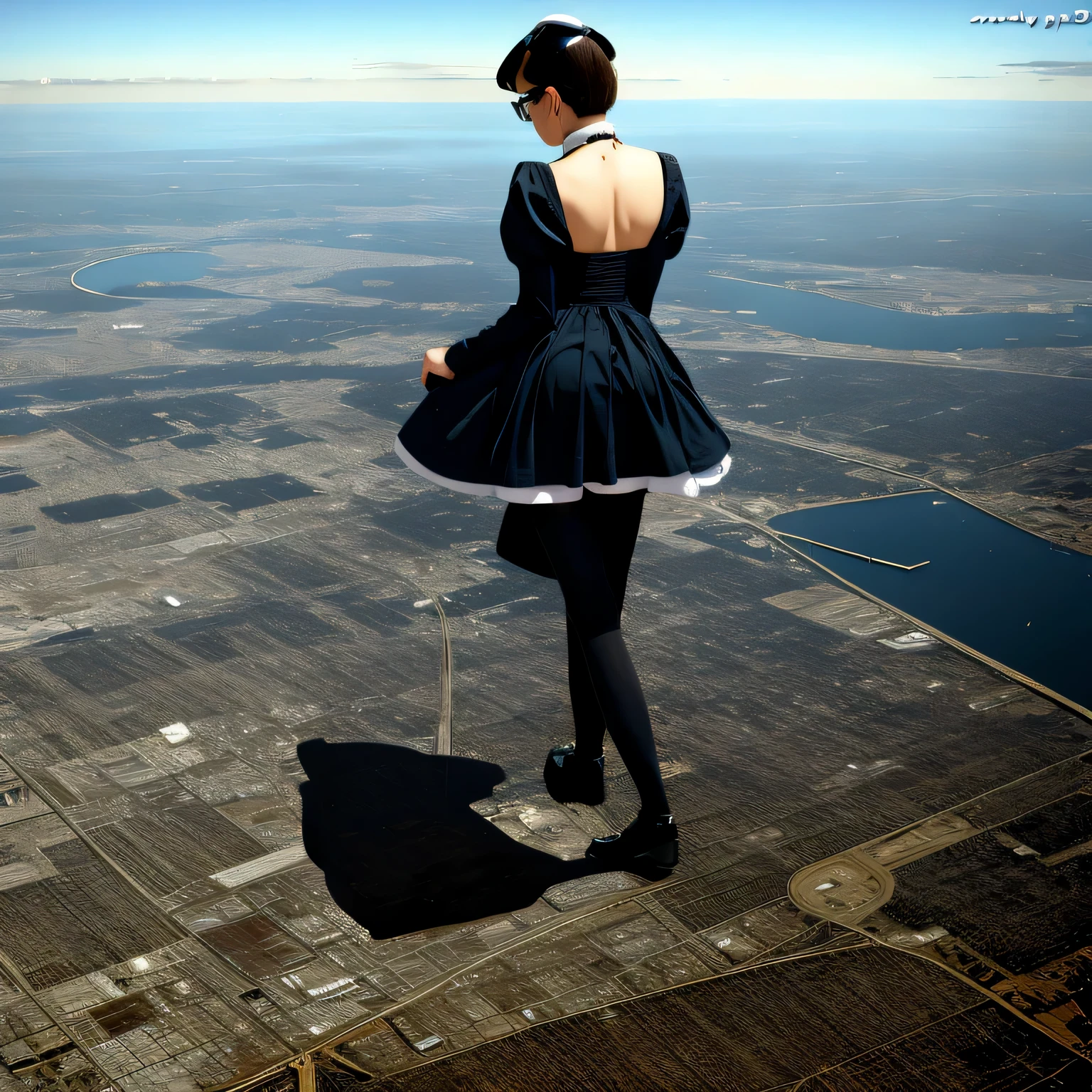 multiple girls, Giantの芸術, 非常に詳細なGiantショット, Giant, short hair, A maid that is much bigger than a skyscraper, wearing rimless glasses, big breasts, big ass, navy maid uniform, black pantyhose, black shoes, very small metropolis, miniature metropolis, crush the big city, A city engulfed in flames, full body description, ＧＴＳ, ギガGiant, Stomping City, crash city, Small town, micro city, maid, 