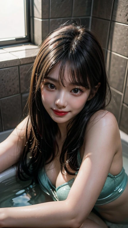 Smiling girl in cypress tub, boldly open your legs、Lying face down in the bathtub I can see your butt Wistful eyes Glossy colored hair, 20 years old young, asian women, (realistic:1.3), (realistic:1.3), super detailed, (high detail skin:1.2), 8K UHD, Digital single-lens reflex camera, soft lighting, high quality
