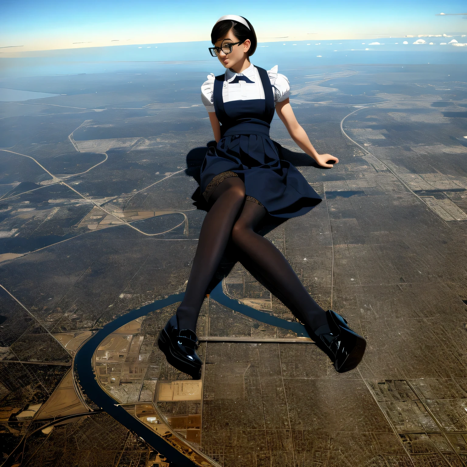 multiple girls, Giantの芸術, 非常に詳細なGiantショット, Giant, short hair, A maid that is much bigger than a skyscraper, wearing rimless glasses, big breasts, big ass, navy maid uniform, black pantyhose, black shoes, very small metropolis, miniature metropolis, crush the big city, A city engulfed in flames, full body description, GTS, ギガGiant, Stomping City, crash city, Small town, micro city, maid,