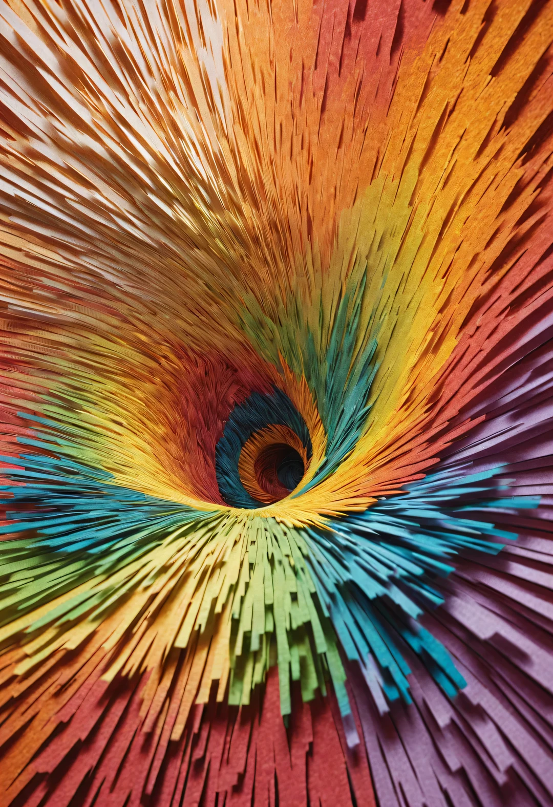 Colorful shredded paper resembles a butterfly spinning wildly in a vortex, sucked into a huge golden hole, fantasy,keith mallett style, beautiful details