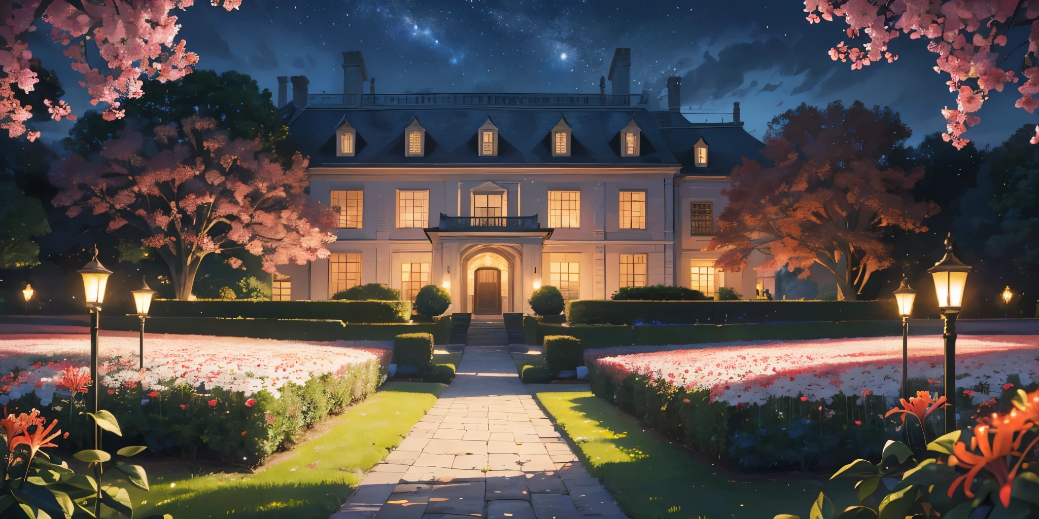 (best quality,4k,8k,highres,masterpiece:1.2),ultra-detailed,(realistic,photorealistic,photo-realistic:1.37),spider lily flower field and starry night sky in Rococo style,exquisite garden with a field of spider lilies in full bloom,gorgeous starry night sky with twinkling stars,rich colors and intricate details reminiscent of the Rococo art period,delicate brushstrokes capturing the beauty of the flowers and the night sky,vibrant red, pink, and white spider lilies filling the field,soft and ethereal lighting enhancing the magical atmosphere,elegantly dressed figures strolling through the flower field,admiring the enchanting beauty,elaborate Rococo-style architecture in the background,adding to the sense of grandeur and romance,impeccable attention to detail in the floral arrangements,making each flower come to life,a gentle breeze rustling through the flowers,creating a sense of movement and tranquility,lovely cascading vines and ivy-covered structures,enhancing the romantic and dreamy atmosphere,subtle hints of a moonlit pathway,inviting viewers to explore this enchanted garden,a touch of mystery and intrigue in the air,leaving the beholder with a sense of longing and wonder.
