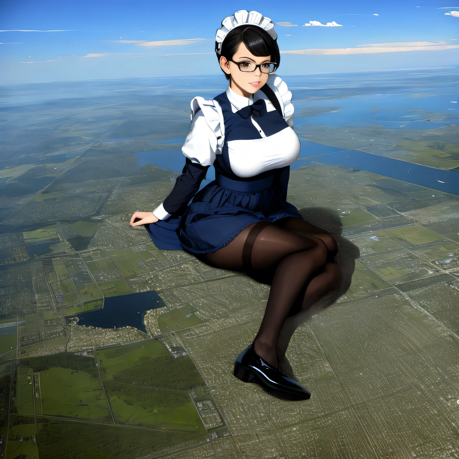 Giantの芸術, 非常に詳細なGiantショット, Giant, short hair, A maid that is much bigger than a skyscraper, wearing rimless glasses, big breasts, big ass, navy maid uniform, black pantyhose, black shoes, very small metropolis, miniature metropolis, crush the big city, A city engulfed in flames, full body description, ＧＴＳ, ギガGiant, Stomping City, crash city, Small town, micro city, High resolution, highest quality, masterpiece, maid, 