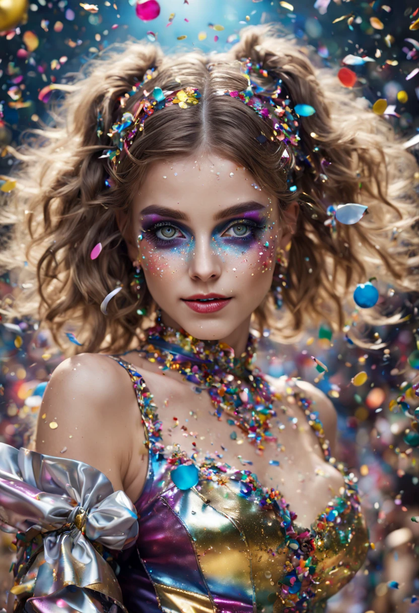 llumination metallic gratescape fantasy land adorable darling dancing harlequin throwing confetti in a confetti filled parade with mesmerizing hazel eyes, showered in confetti branded welding, ultradetailed, fine-tuned realism, eccentric glass, astrophotography, IMAX