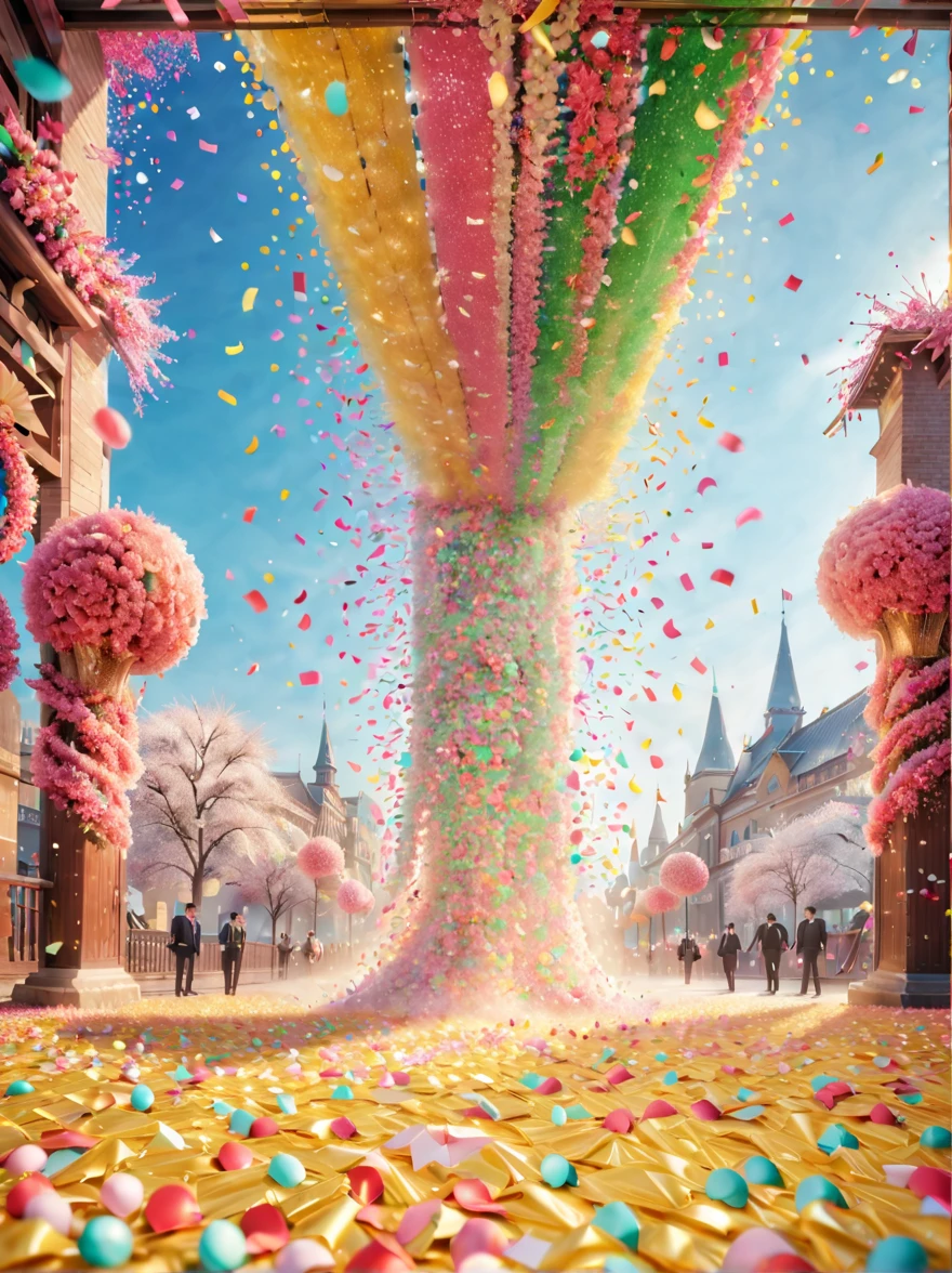 五颜六色的colorfulConfetti在阳光下飘落，在Wedding celebrations上跳舞，colorfulConfetti下雨，soft的灯光，Colorful dust floating，colorfulConfetti飞扬，celebration spray，Festive decorations，spring，bright，bright colors，kudos，Wedding celebrations，soft，Confetti，flash，vivid，hapiness，flight，happiness，Lively，airy，hope，joy，Bokeh，airy，colorful，Miracle，soft的色彩，（best quality，8k，high resolution，masterpiece） ,Super detailed