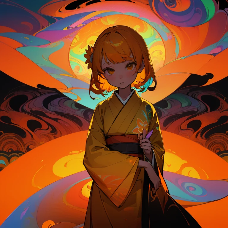 (beautiful beautiful:1.2)、(1 girl:1.3)、(Orange and yellow colorful hair:1.2)、Wearing orange and yellow colorful kimono、Osmanthus flower、First love、best image quality、(psychedelic art:1.5), intricate kimono
