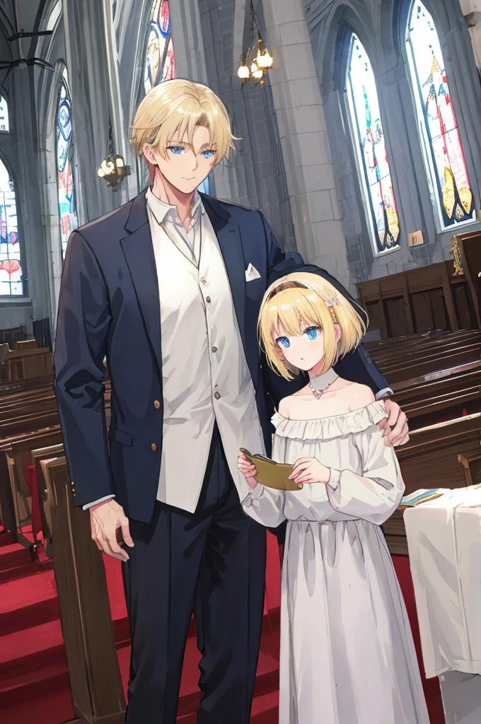 a mature man，adult，Straight height，flat chest，father，blond，blue eyes，temple，church，