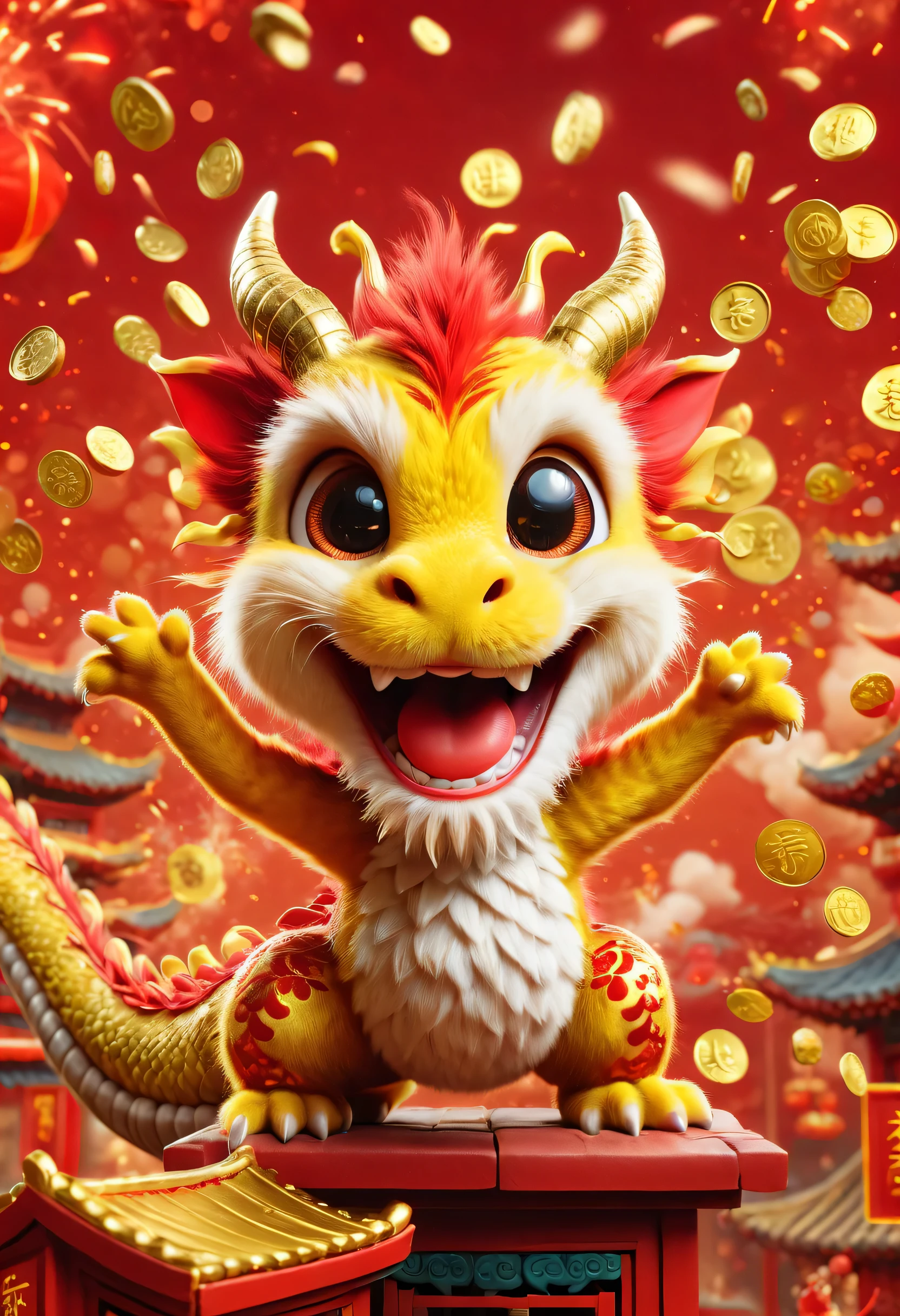 poster design：Chinese New Year is here，Cute little Chinese dragon is so happy，hairy，stupid，Cute and cute，Jump on the roof，Wow……（空中有许多gold coins，gold coins，Many small red envelopes，）fireworks，red background blur，