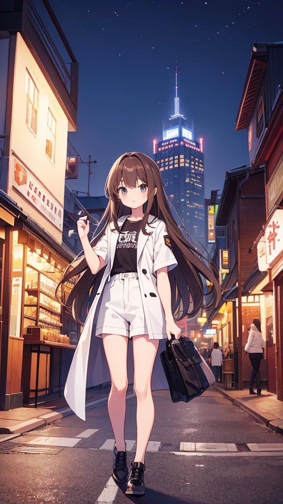 20 years old、flat chest、Height 165 cm、Long brown hair、Black short sleeves、White shorts、White coat、mountain、City、往City看、night、street view