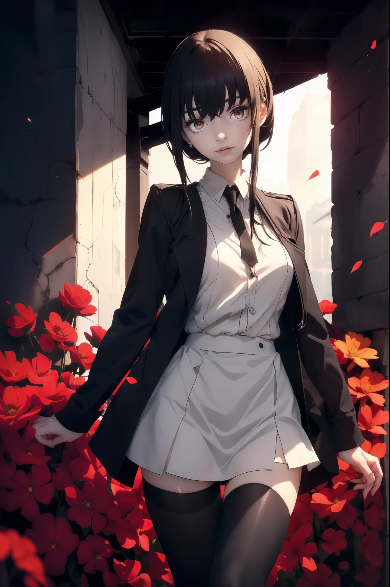 ((((Obra maestra, La mejor calidad, ultrahigh resolution)))), 1girl, standing, ((wearing a miniskirt and cool jacket, tights)), (long black hair in view, in frame), pale skin, ((brown eyes)), (glowing_eyes, luminescent eyes), (ultra detailed eyes:0.7, beautiful and detailed face, detailed eyes:0.9), ((centered)), smile, ((wide shot)), (((vibrant background of outside, flowers, bright lighting, summer, sunlight))), flat chested, looking at viewer, ((head:1, hips, elbows, arms, in view)), ((hands behind back:0.7)), beautiful lighting, defined subject, (18 years old), ((cool looking)), ((glare))
