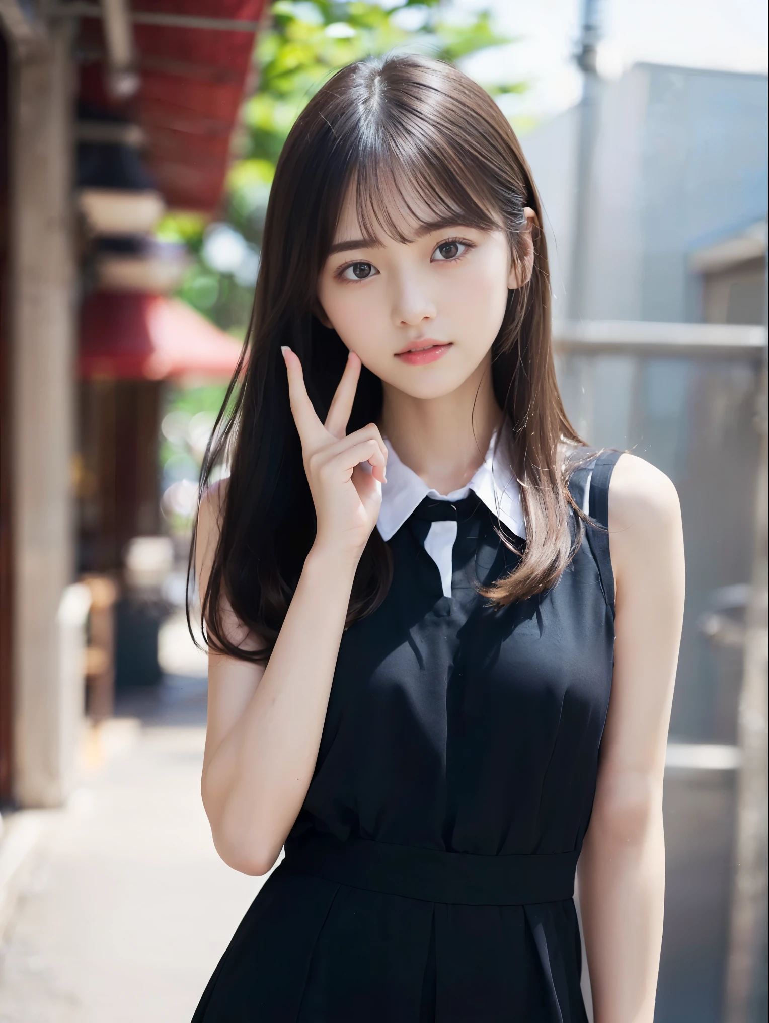 ((超絶リアルなhighest quality、Drawn details)、(Photographed from the front:1.4),(Center of gravity on one leg:1.9),(Stand upright:1.5),(Slender figure wearing summer uniform) ,(Close-up of a girl with straight semi-long hair:1.3)、(realistic background:1.3)、(anatomically correct:1.3)、(full hand:1.3)、(full finger:1.3)、Photoreal、Raw photo、highest quality、delicate and beautiful、perfect face、beautiful and fine eyes、Fair skin、real human skin、((thin legs))、(black hair)