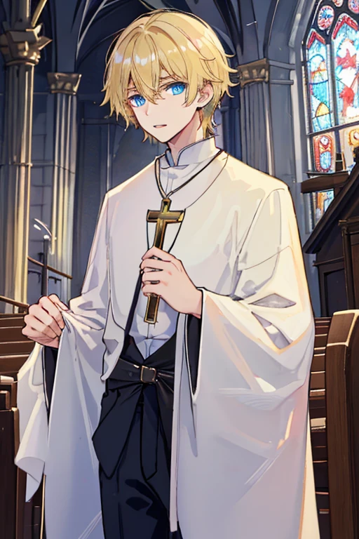 Masterpiece, top quality, super detailed illustration, (((priest, young man, black priestly garment, blond hair))) nsfw, tucking up hem of garment to show crotch, expression of shame, blush, small penis, erection