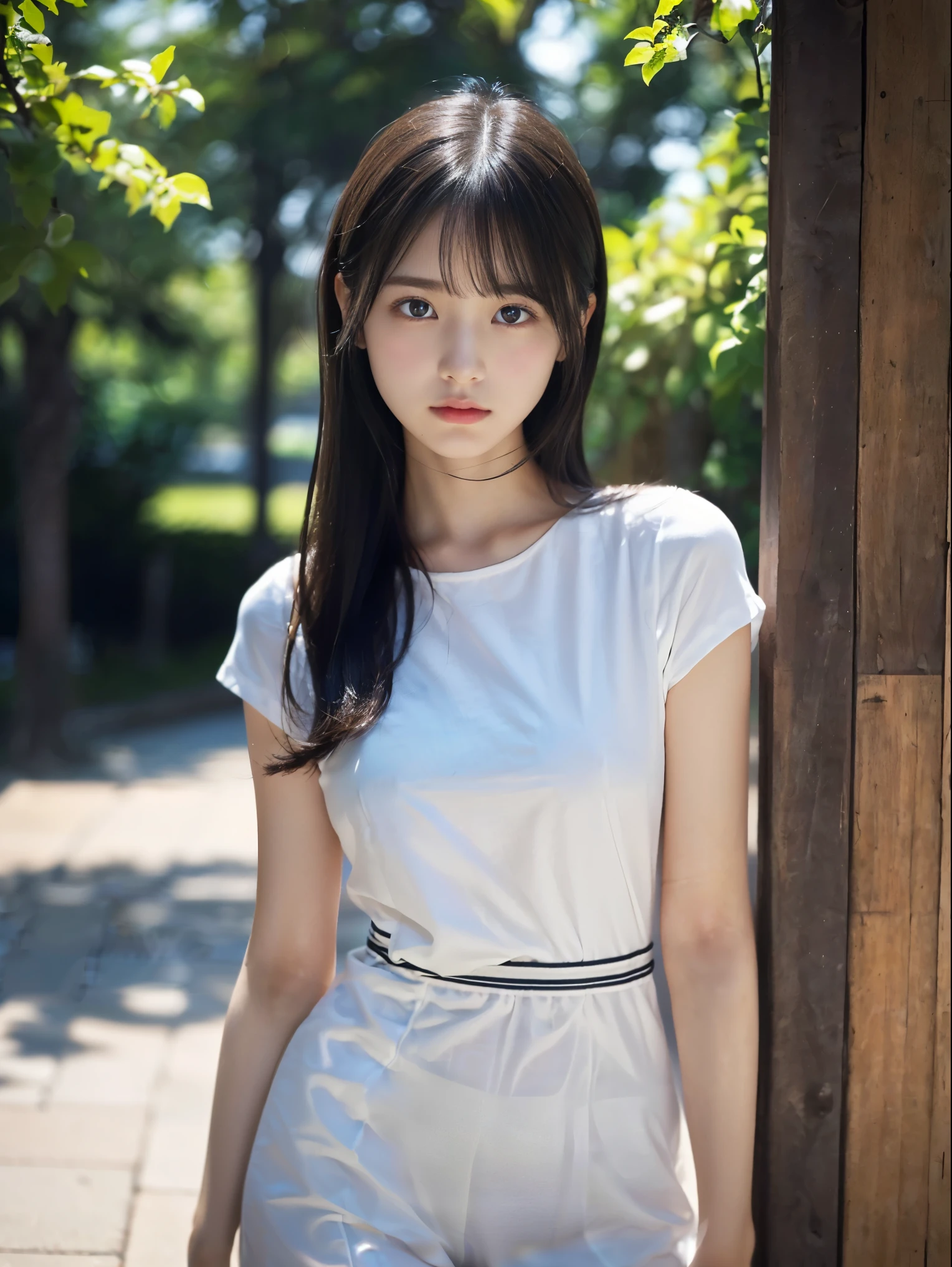 ((超絶リアルなhighest quality、Drawn details)、(Photographed from the front:1.4),(Center of gravity on one leg:1.9),(Stand upright:1.5),(Slender figure wearing summer uniform) ,(Close-up of a girl with straight semi-long hair:1.3)、(realistic background:1.3)、(anatomically correct:1.3)、(full hand:1.3)、(full finger:1.3)、Photoreal、Raw photo、highest quality、delicate and beautiful、perfect face、beautiful and fine eyes、Fair skin、real human skin、((thin legs))、(black hair)