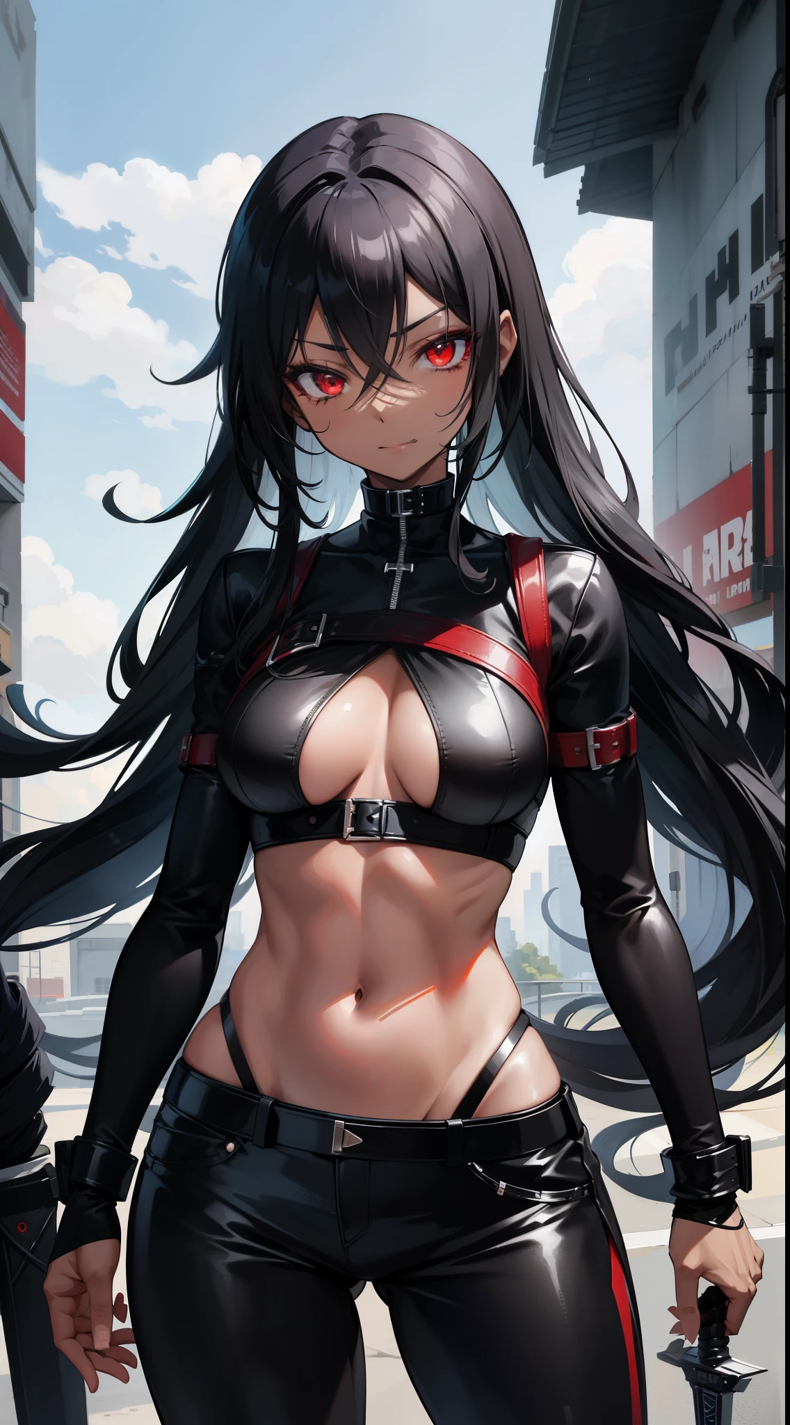 Adult woman, ebony, black skin, long curly black hair, red eyes, Bondage on the eye, musculature, Black hired tight top, Mercenary pants, arma, sword, smirk, Masterpiece, hiquality