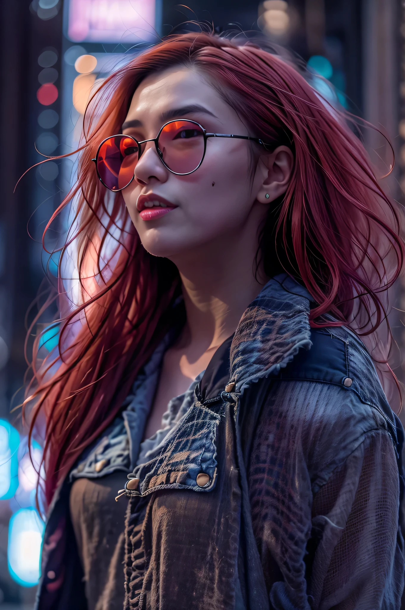 A woman with red hair and glasses standing in the street - SeaArt AI