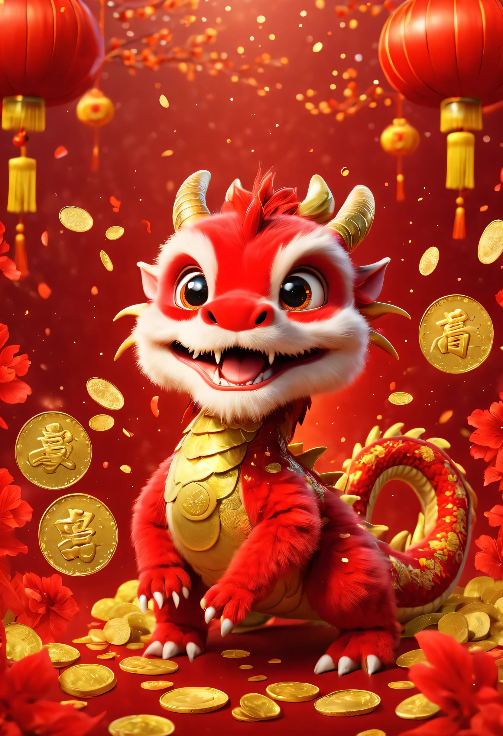 poster design：Chinese New Year is here，Cute little Chinese dragon is so happy，hairy，stupid，Cute and cute，Wow……（There are many gold coins in the air，Gold coin rain，Many small red envelopes，）fireworks，red background blur，