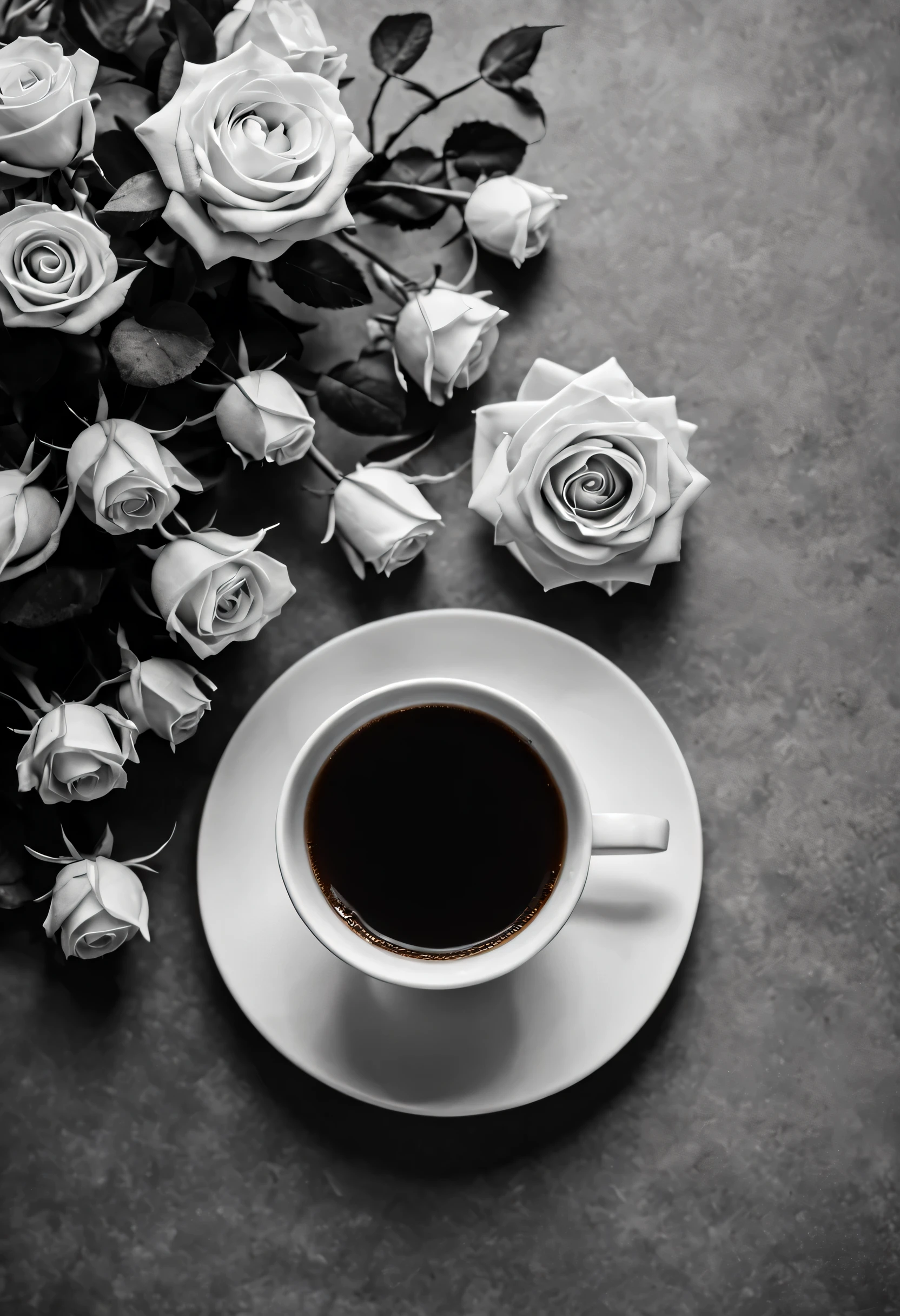 black and white photo of a A coffee,bouquet of roses flat lay. Flick, Art, hot coffee, steaming coffee, full of steaming coffee, A coffee, ☕ on the table, morning coffee, Yes ((drink a tea)), black and white), coffee smell, drinking a coffee, black and white color aesthetic(best quality,4K,8k,high resolution,masterpiece:1.2),super detailed.Contrast between light and shadow.leave blank